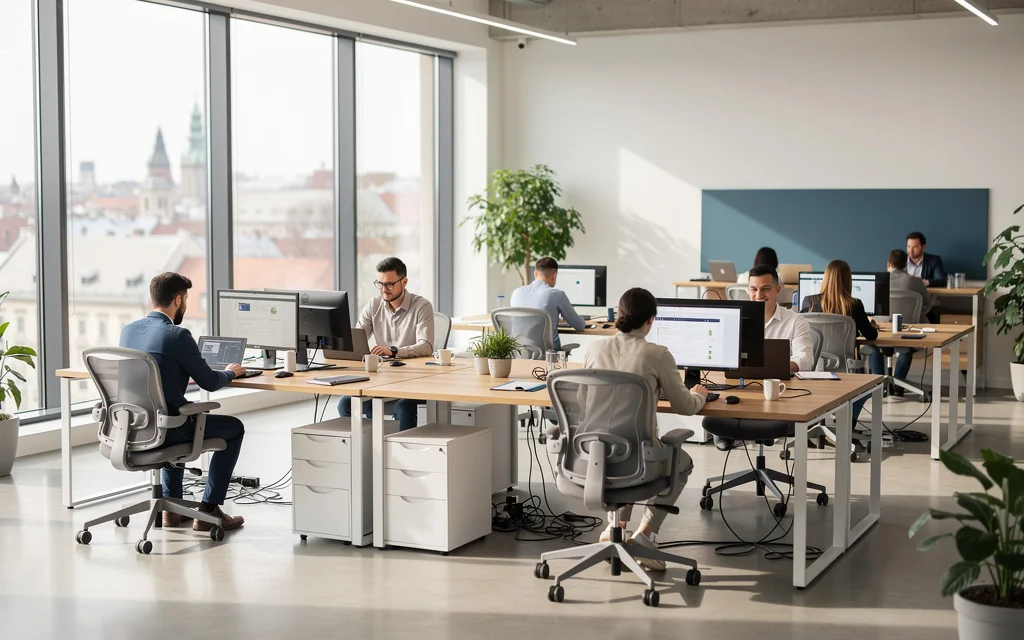 Open space d'une entreprise technologique hongroise avec postes de travail et grandes fenêtres