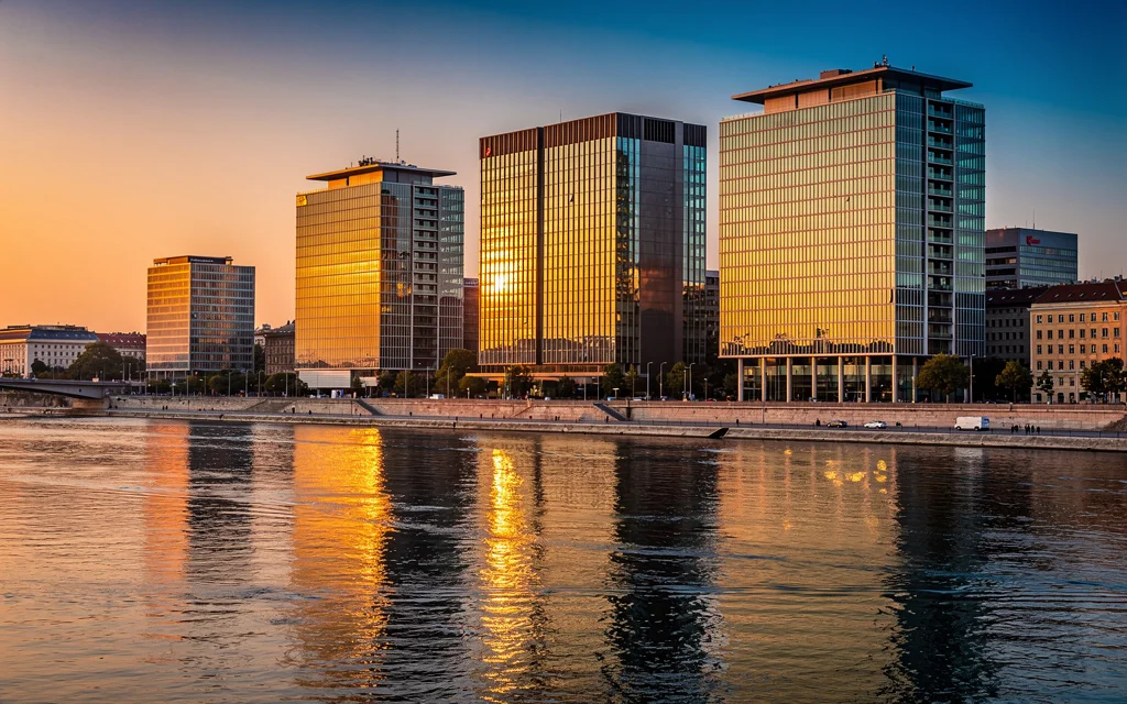 Quartier d'affaires moderne de Budapest au coucher du soleil