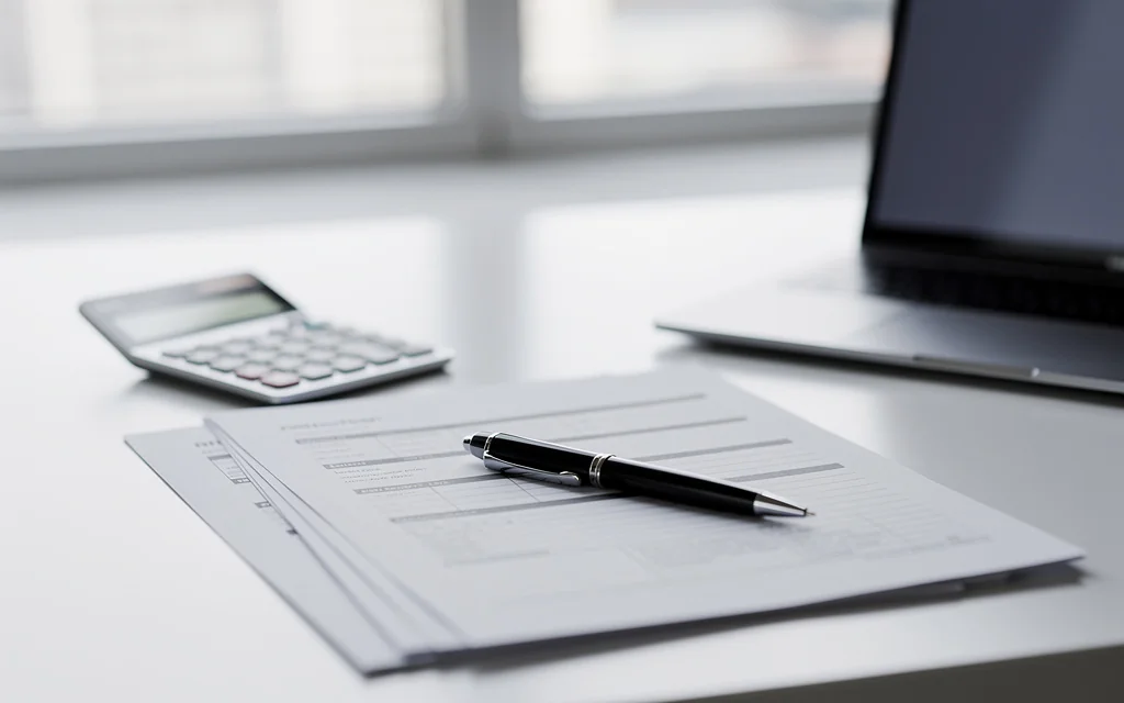 Bureau d'un comptable avec documents, calculatrice et ordinateur portable